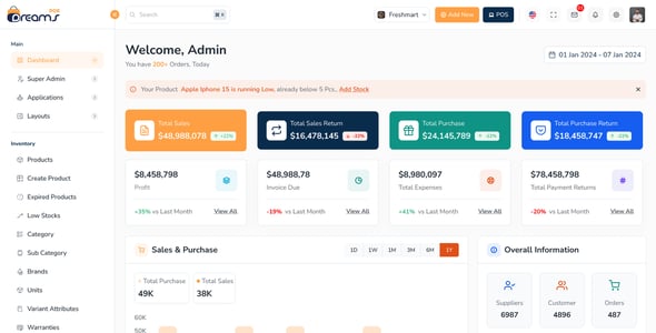DreamsPOS - POS & Inventory Management Admin Dashboard (HTML, Angular 19, React 19, Vue, Laravel 12)